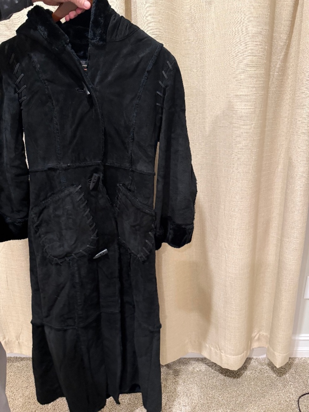 Steve Madden Black Hooded Faux Suede Shearling Long Coat